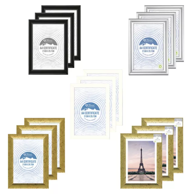 A4 Photo Frames, Pack of 3, Certificate Poster Picture Frames Black White Silver