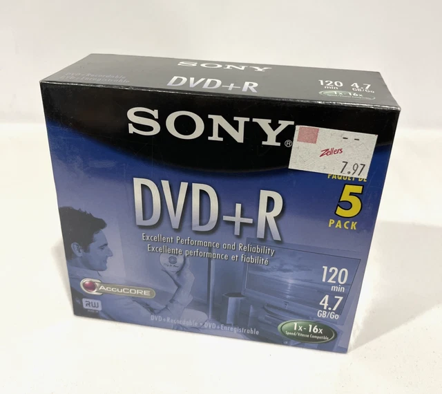 SONY DVD+R 120 MIN 4.7GB 16x 5 PACK ACCUCORE DVD RECORDABLE DISCS NEW ...