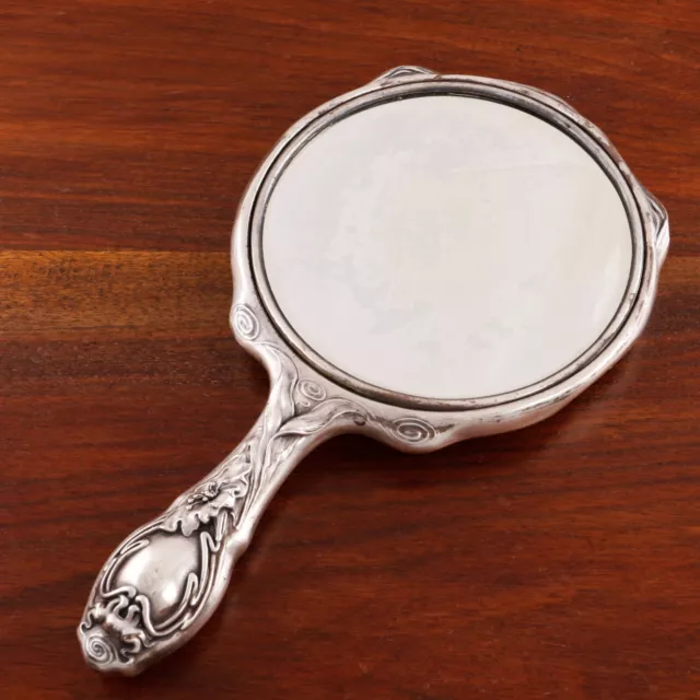 Unger Bros Art Nouveau Sterling Silver Hand Mirror Woman W/ Lilies 1872-1919