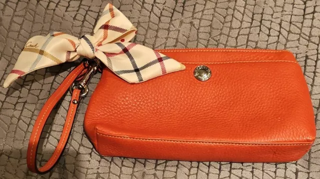 Coach Wristlet Purse w/Reversible Signature C Scarf Orange Pebble Leather