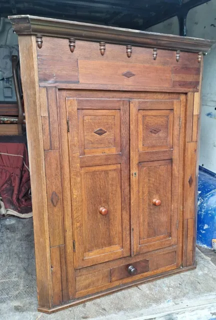 Antique Inlaid Oak Double Door Hanging Corner Cabinet - Cupboard, Can Deliver