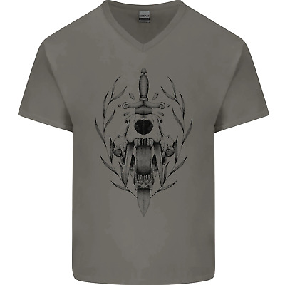 Sabre Tooth Tiger Skull Sword Mens V-Neck Cotton T-Shirt