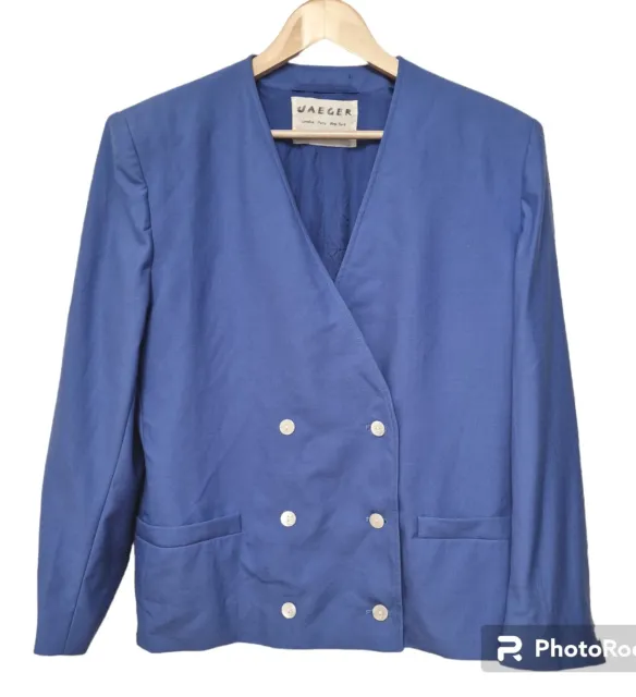 Vtg Jaegar 100% New Wool Double Breasted Boxy Lightweight Jacket Size 12 14 Blue