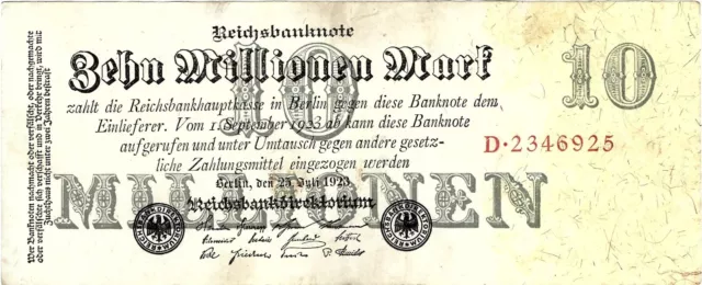 Reichsbanknote 10 Millionen Mark 1923 Reichsbank DEU-107 Ro.95 P-96 SEHR SELTEN