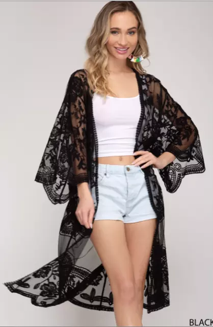 Kimono Sleeve Lace Open Front Cardigan Black 2