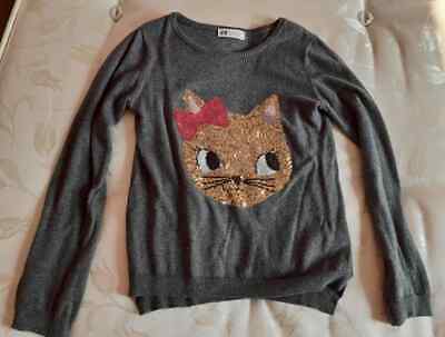Girls H&M bundle grey cat jumper and pink cardigan, age 8-10 years