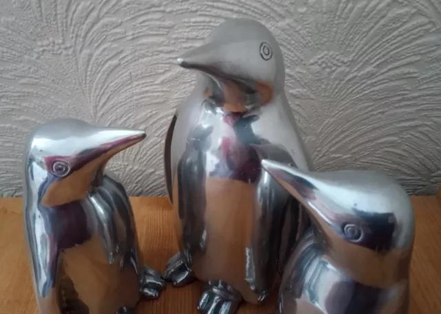 3 x Polished Aluminium Penguins .. 19cm & 14cm High .. Late 20th Century Vintage