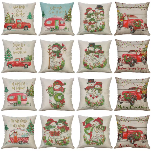 Vintage Christmas Truck Throw Pillow Covers Xmas Snowman Art Deco Cushion Cover