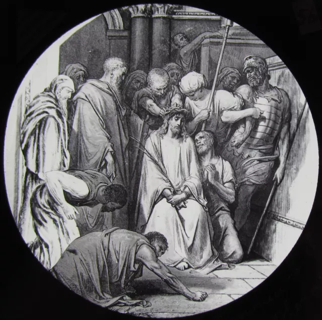 Glas magische Laterne MIT DORN GEKRÖNT C1890 RELIGIÖSE ZEICHNUNG JESUS