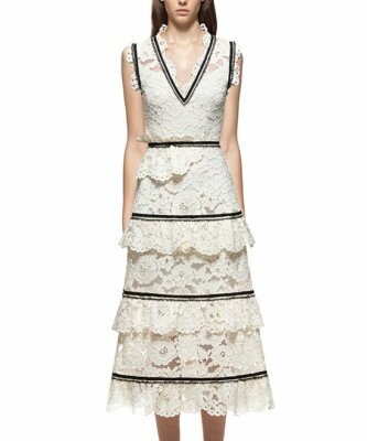 White Floral Lace A-Line Dress Black Strips UK 8
