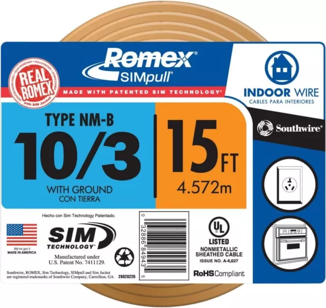 Electrical Wire Romex 10-3 NM-B W/G 15 ft(CUT FROM A SPOOL) by SOUTHWIRE COMPANY