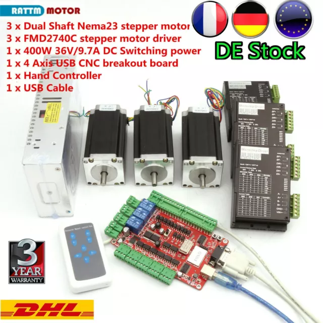 【FR】 3 Axis USB CNC Controller Kit Nema23 stepper motor Driver 112mm 425oz-in 3A