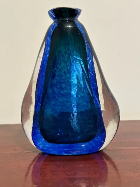 Vintage blue iridescent art glass small vase. Hand blown. French. Lovely quality