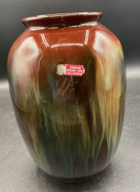 CCC Pottery Canadian Ceramic Craft Brown Green Drip Glaze Vase 8"