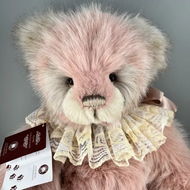 Charlie Bears “Aunty B” Retired Teddy Bear Pink Gray Lace Collar Big 20” Jointed 2