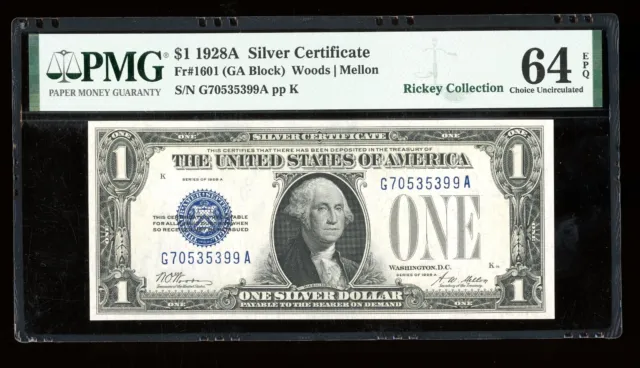 DBR 1928-A $1 Silver Funnyback Fr. 1601 GA Block PMG 64 EPQ Serial G70535399A
