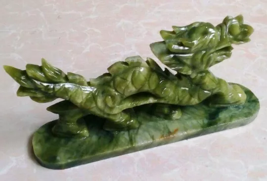 7"L- A Pair of Chinese Genuine Natural Green Jade Carved Dragon Statues