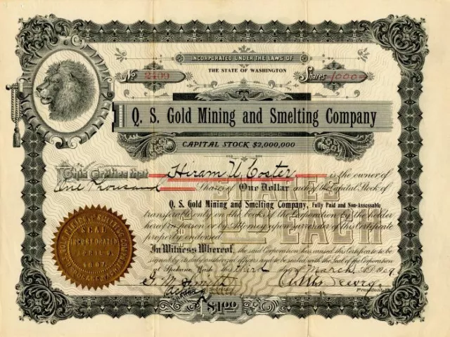 Q. S. Gold Mining and Smelting Co. - Stock Certificate - Mining Stocks