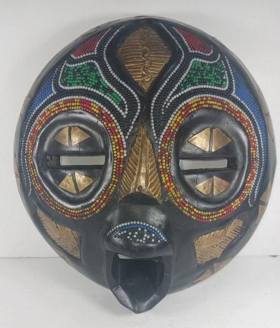 African Wooden Tribal Round Wall Art Mask, Colorful Beads Handcrafted 12 inch