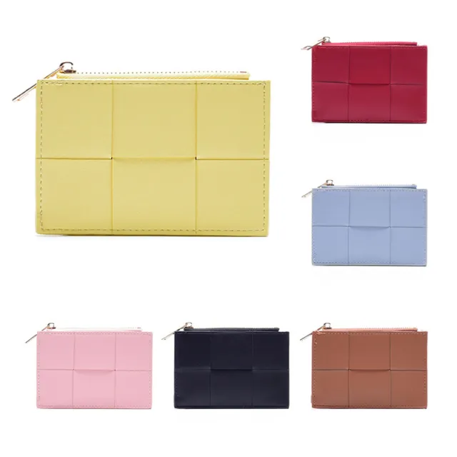 Woven Small Short Wallets For Women PU Leather Card Holder Zipper Coin Pur7H