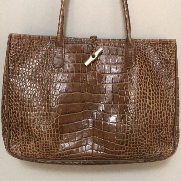 Longchamp Tan Brown Roseau Croc Embossed Leather Toggle Shopper Top Handle Bag 2