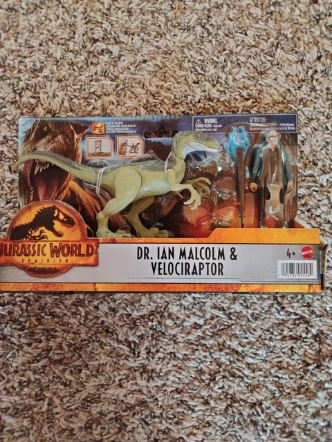 MATTEL JURASSIC WORLD Dominion Dr Ian Malcolm & Velociraptor Dinosaur