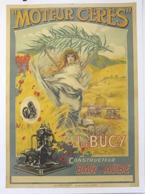 AFFICHE ANCIENNE ORIGINALE MOTEUR FIXE CERES BUCY BAR sur AUBE tracteur agricole