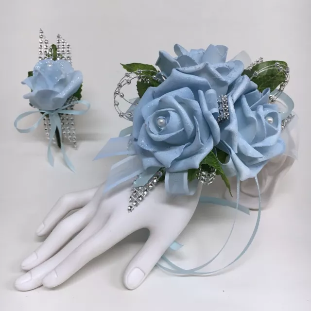 Glamour Triple Light Blue Foam Rose on Blue with Silver Trim Prom Corsage  Combo