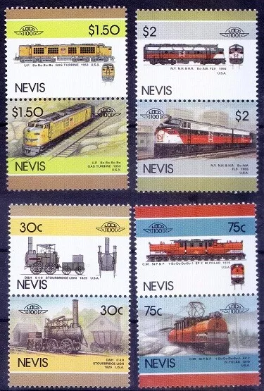 Nevis 1986 MNH 4x2v, USA Railways, Trains, Locomotives