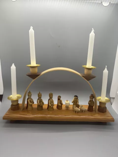 Vintage Wood Carved Holy Nativity Candle Holder Christmas Scene Manger Holiday