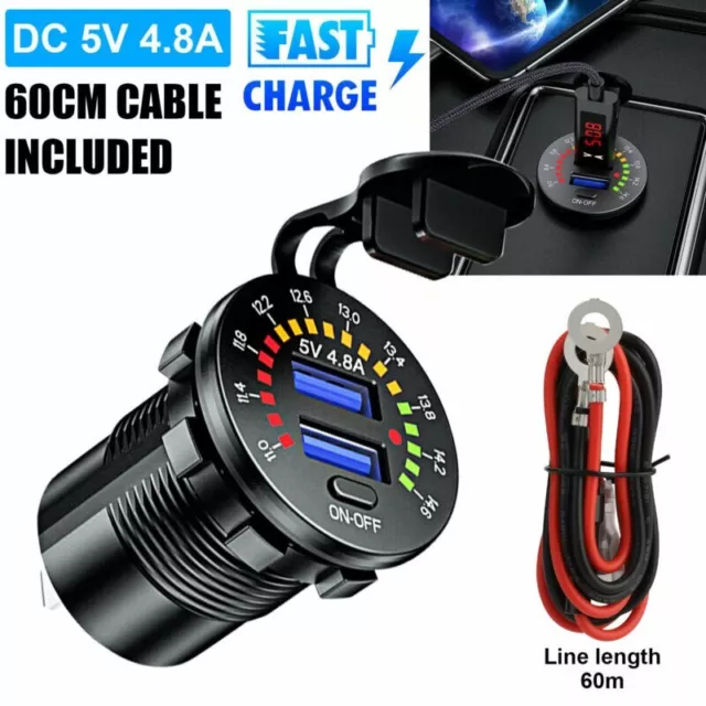 5V 24W USB 4.8A Chargeur Voiture Prise de Courant + LED Numérique Voltmètre 12V