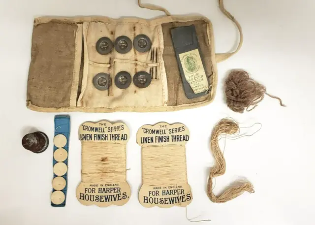 Rare antique Cromwell Housewife Hussif Sewing Kit with Metal Suspender Buttons