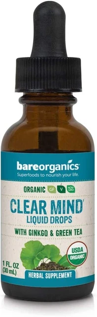 Gotas líquidas BareOrganics mente clara, suplemento herbal, gotas orgánicas, 1 onza