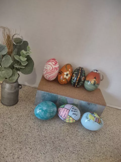 Hand Painted Wooden & Ceramic  Easter Egg Lot of 7 Folk Art