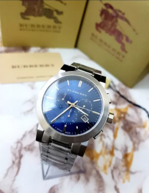 New Genuine Burberry Mens Watch Stainless Steel Blue Dial Silver Bu9363 The City