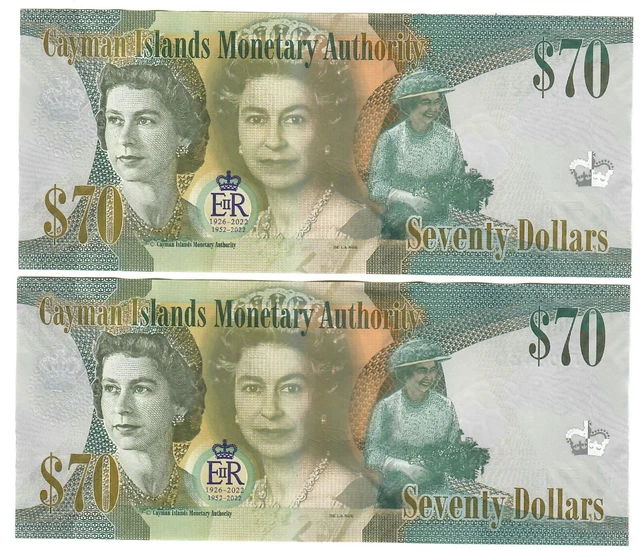CAYMAN ISLANDS 2X 70 Dollars 2023 UNC "Panton/Scotland" Queen Elizabeth