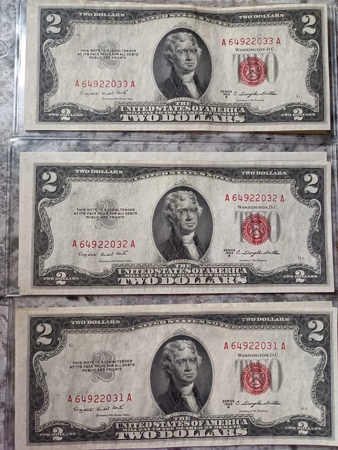 1953B $2 Dollar Bill Red Seal Lot 3 Consecutive Serial Numbers.