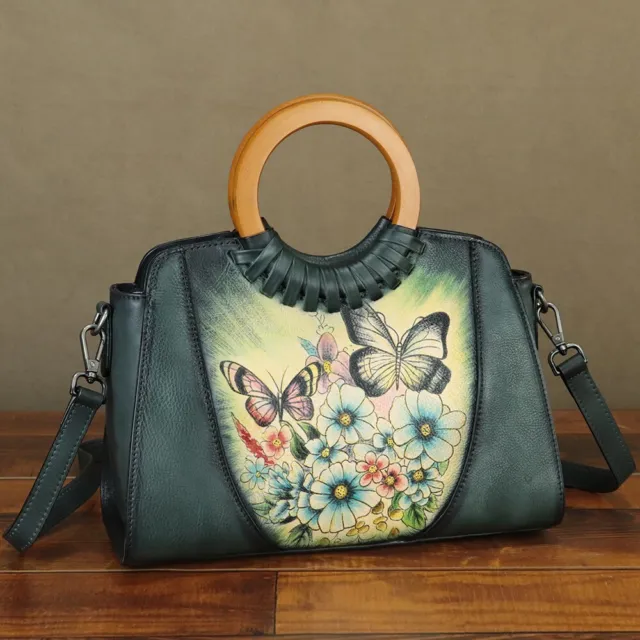 Hand Painted Butterfly Women Genuine Leather Handbags Purses Retro Shoulder Bag