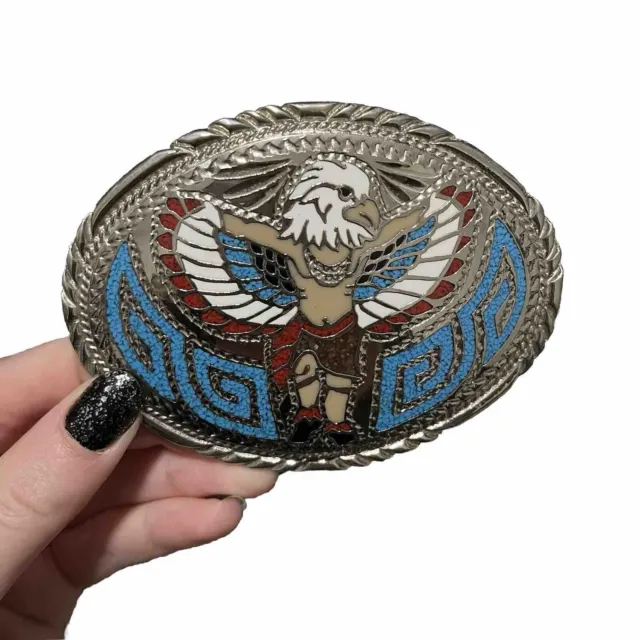 Vintage Inlaid Silver Belt Buckle Eagle Kachina Turquoise Coral Chip Inlay