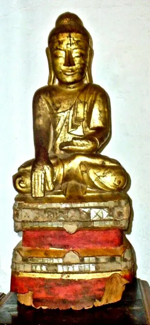 Antique Gilt Teak Wood & Lacquer Burmese Buddha