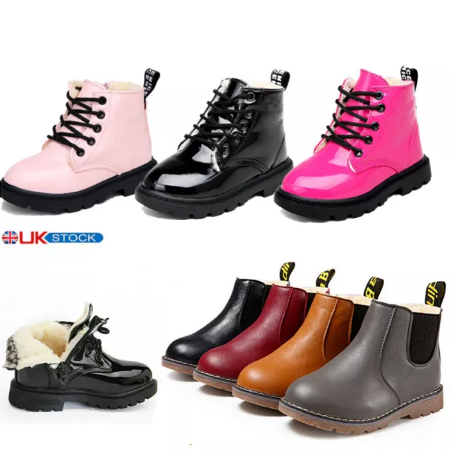 Kids Ankle Boots Girls Boys Leather Winter Warm Chelsea Fur Lined Snow Shoes Uk
