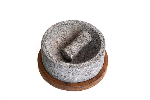 Volcanic Stone Mortar and Pestle Chilmamolli with Wooden Base