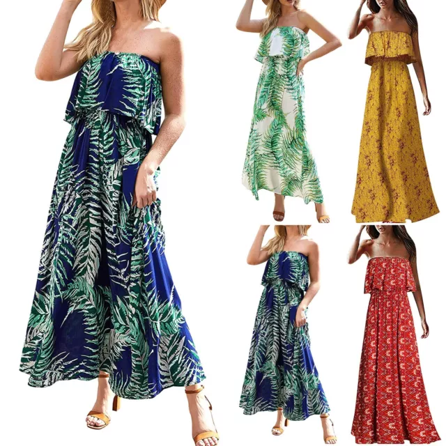 Womens Off Shoulder Beach Top Dress Ruffle Strapless Boho Maxi Long Dresses 2021