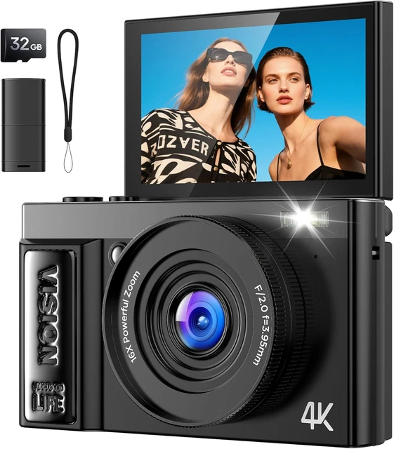 Fotocamera Digitale 4K Ultra HD 56MP Per Principianti - Display Ribaltabile 180°, Scheda 32GB, Autofocus, Ideale Per Vlog E Selfie, Regalo Per Bambini E Ragazzi