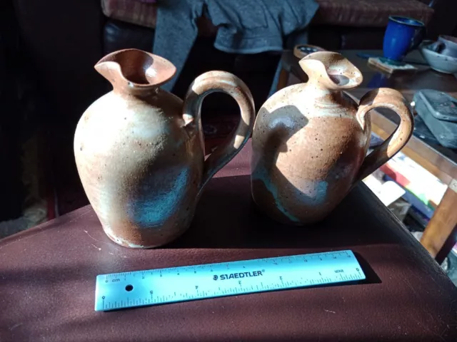 2 XStudio Pottery Stoneware Motled Soda Glaze Oil Jars. 11cm Tall, 6cm Base Dia.