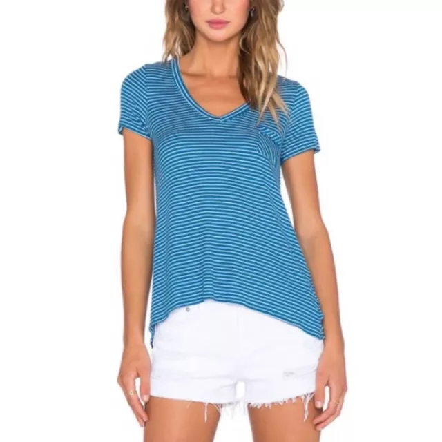 Chaser Womens Size M Striped Ribbed Deep V-Neck Short Sleeve Pocket Tee Top Blue