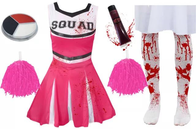 Girls Zombie Cheerleader Outfit Child's Halloween Fancy Dress Teen Kids Costume