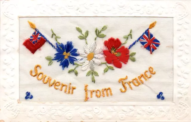 Souvenir From France: Battlefield Flower Ww1 Embroidered Patriotic Silk Postcard