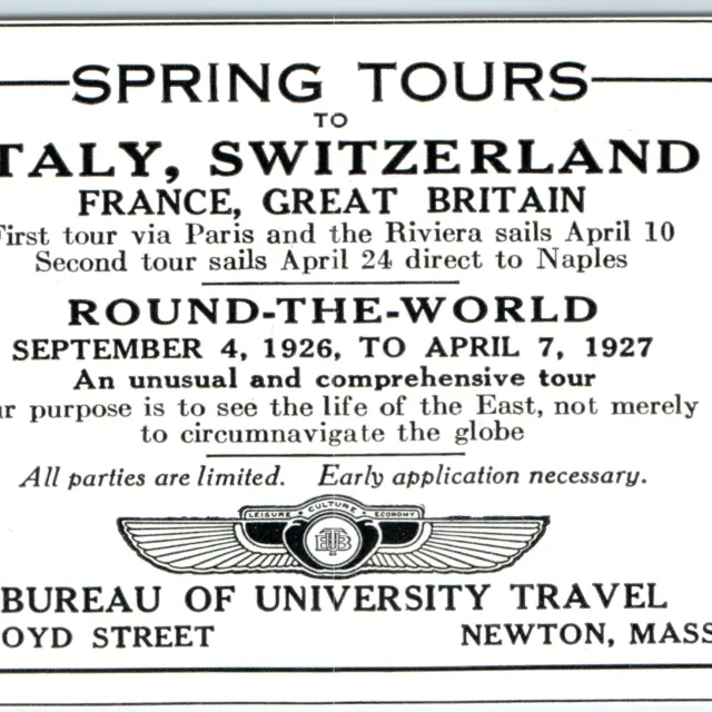 1926 Newton, MA Bureau University Travel Spring Tour Print Ad Europe Sail C38