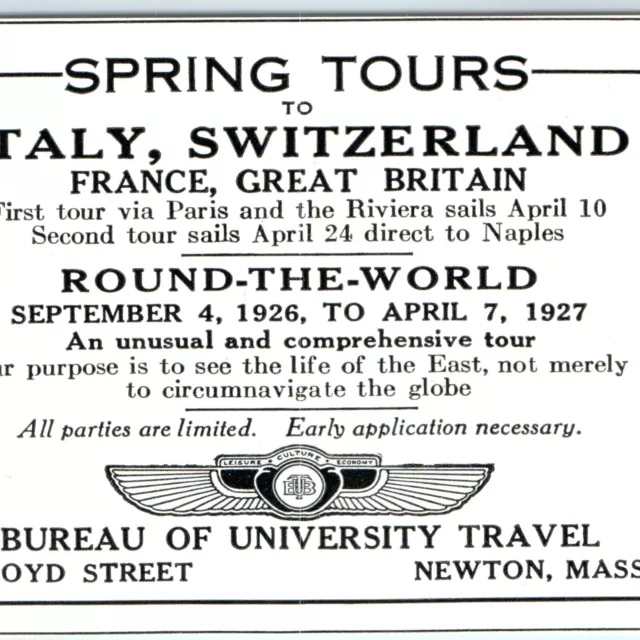 1926 Newton, MA Bureau University Travel Spring Tour Print Ad Europe Sail C38